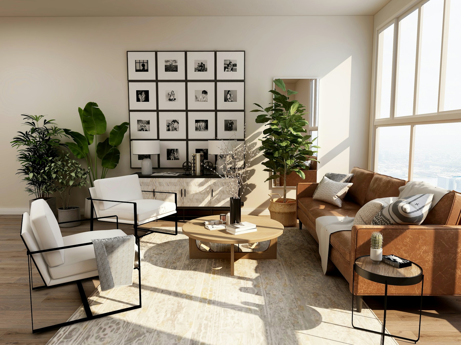Warm neutral living room with a natural floor finish
